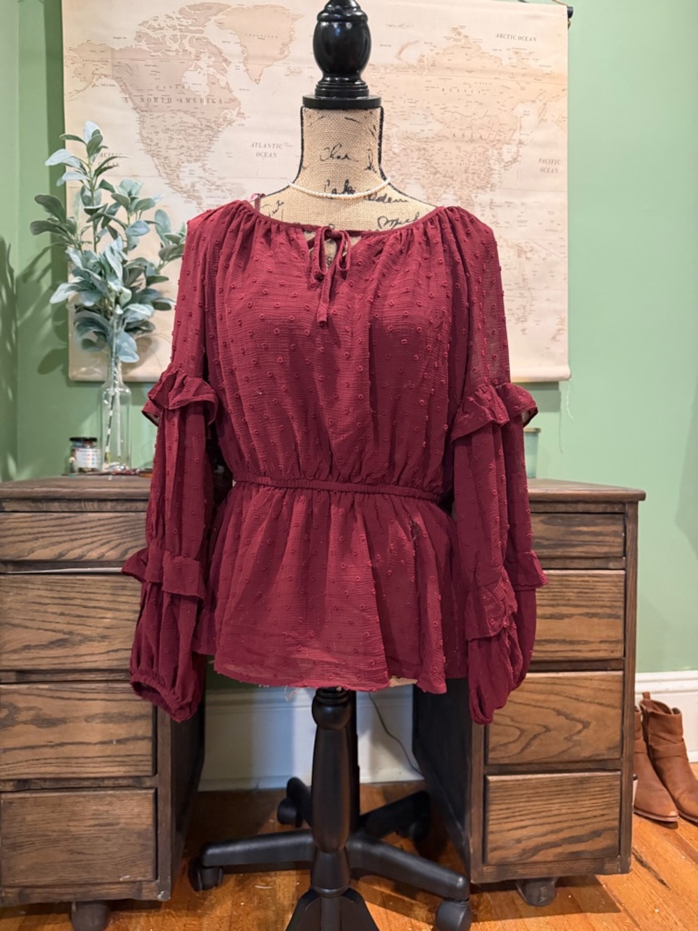 Maurices Wine Red Peasant Blouse with Ruffle Sleeves